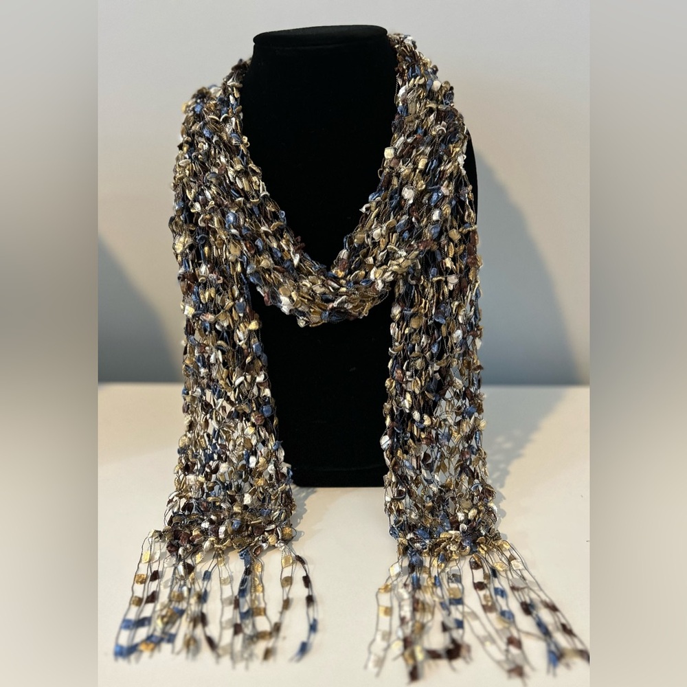 Elegant Ladder Ribbon Scarf in Blue Saddle